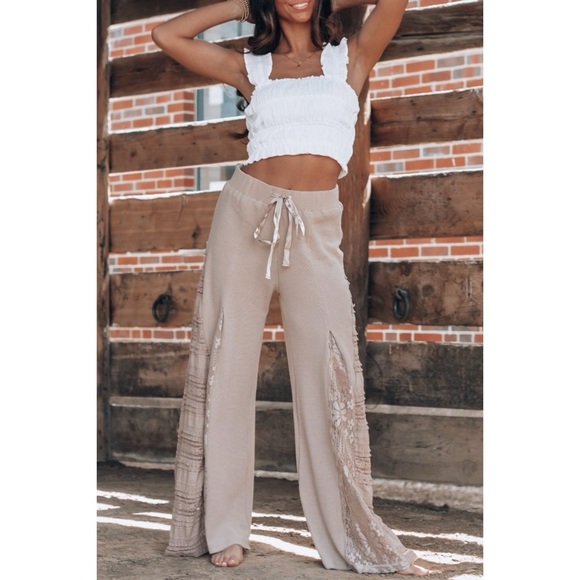 POL Mocha Latte Stretch Knit Lace Panel Wide Leg Pants - Picture 2 of 14